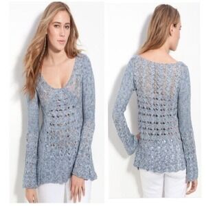 Free People 100% Cotton Clockwork Crochet Sweater Medium Bell Sleeve Gray Blouse